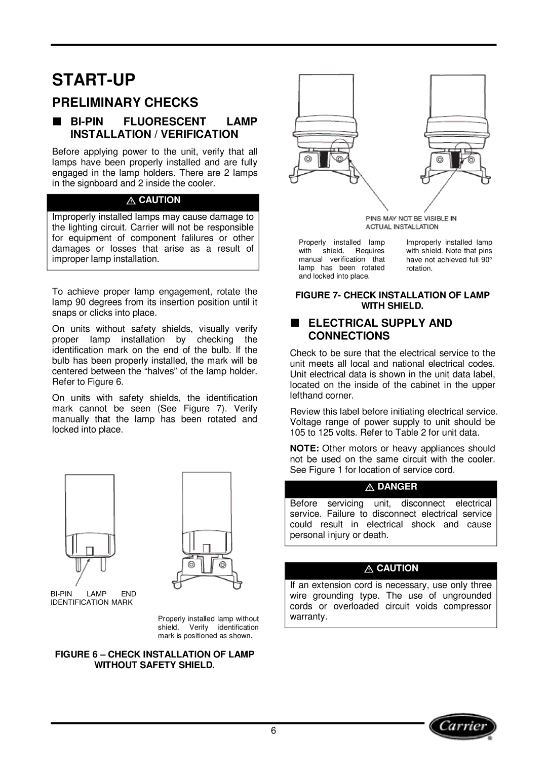 Carrier Miracool owner manual Start-Up, Preliminary Checks, BI-PIN Fluorescent Lamp Installation / Verification 