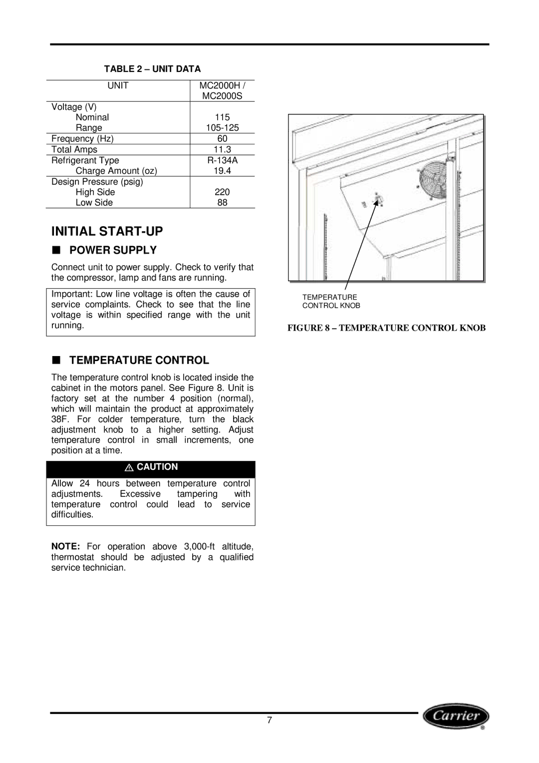 Carrier Miracool owner manual Initial START-UP, Power Supply, Temperature Control, Unit Data 