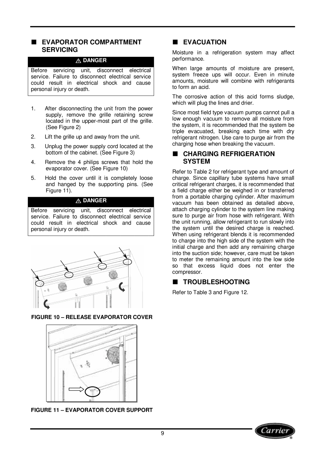 Carrier Miracool owner manual Evacuation, Charging Refrigeration System 