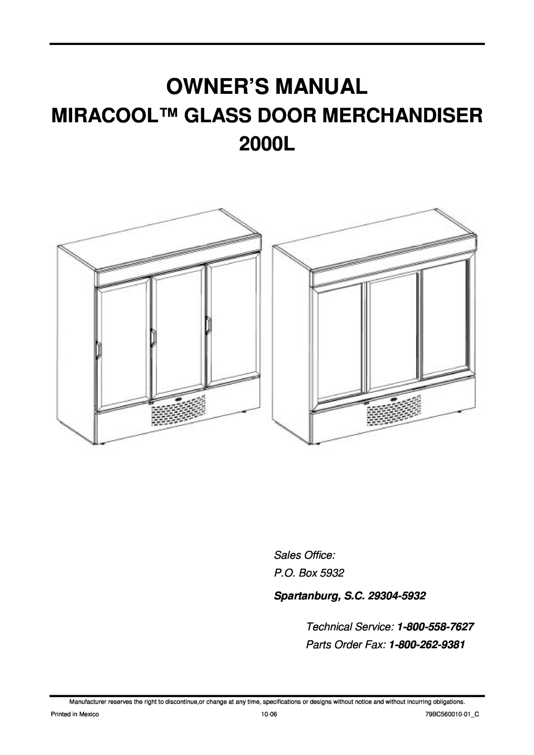 Carrier Miracool owner manual Owner’S Manual, MIRACOOL GLASS DOOR MERCHANDISER 2000L, Sales Office P.O. Box, 10-06 