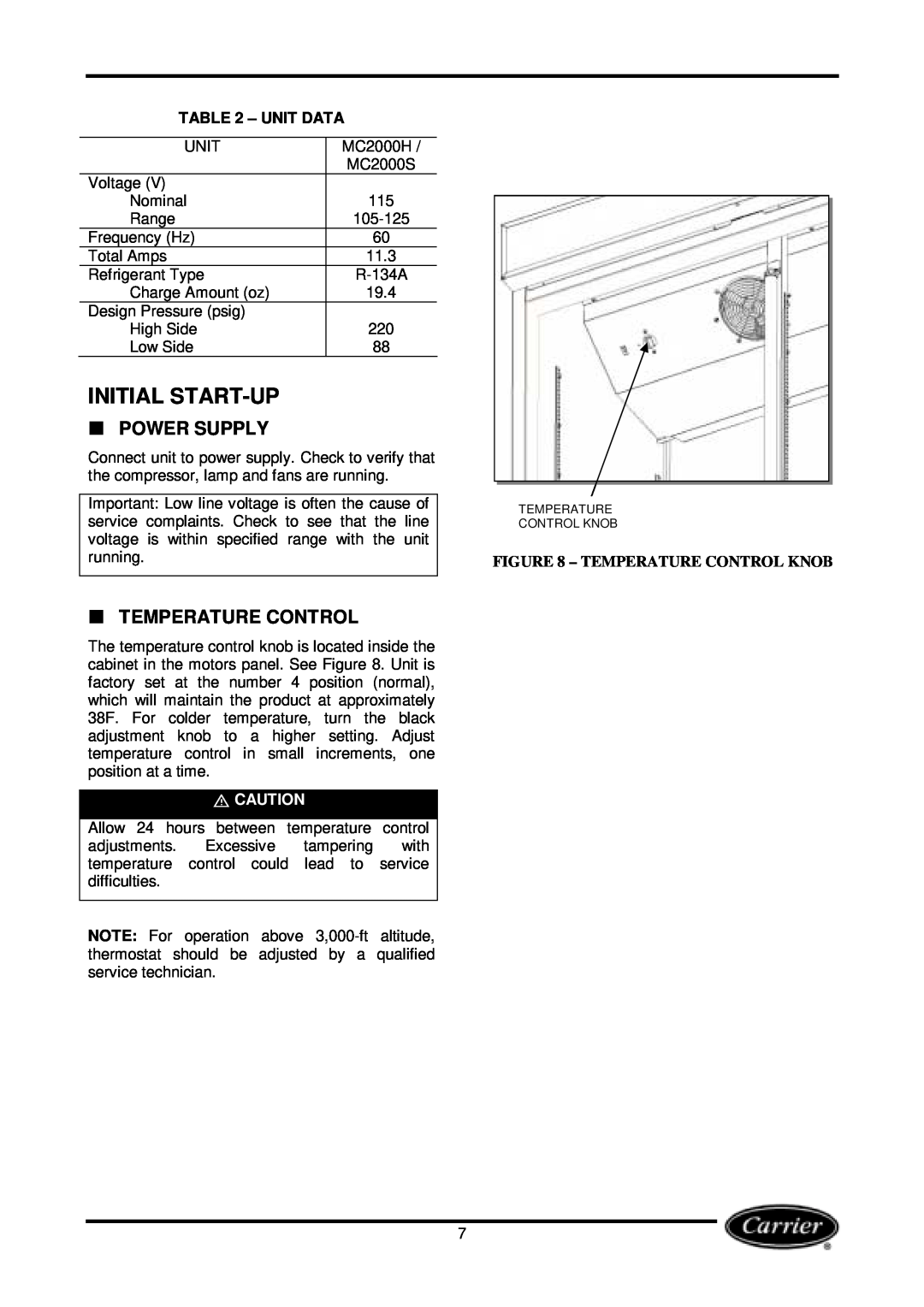Carrier Miracool owner manual Initial Start-Up, Power Supply, Unit Data, Temperature Control Knob 