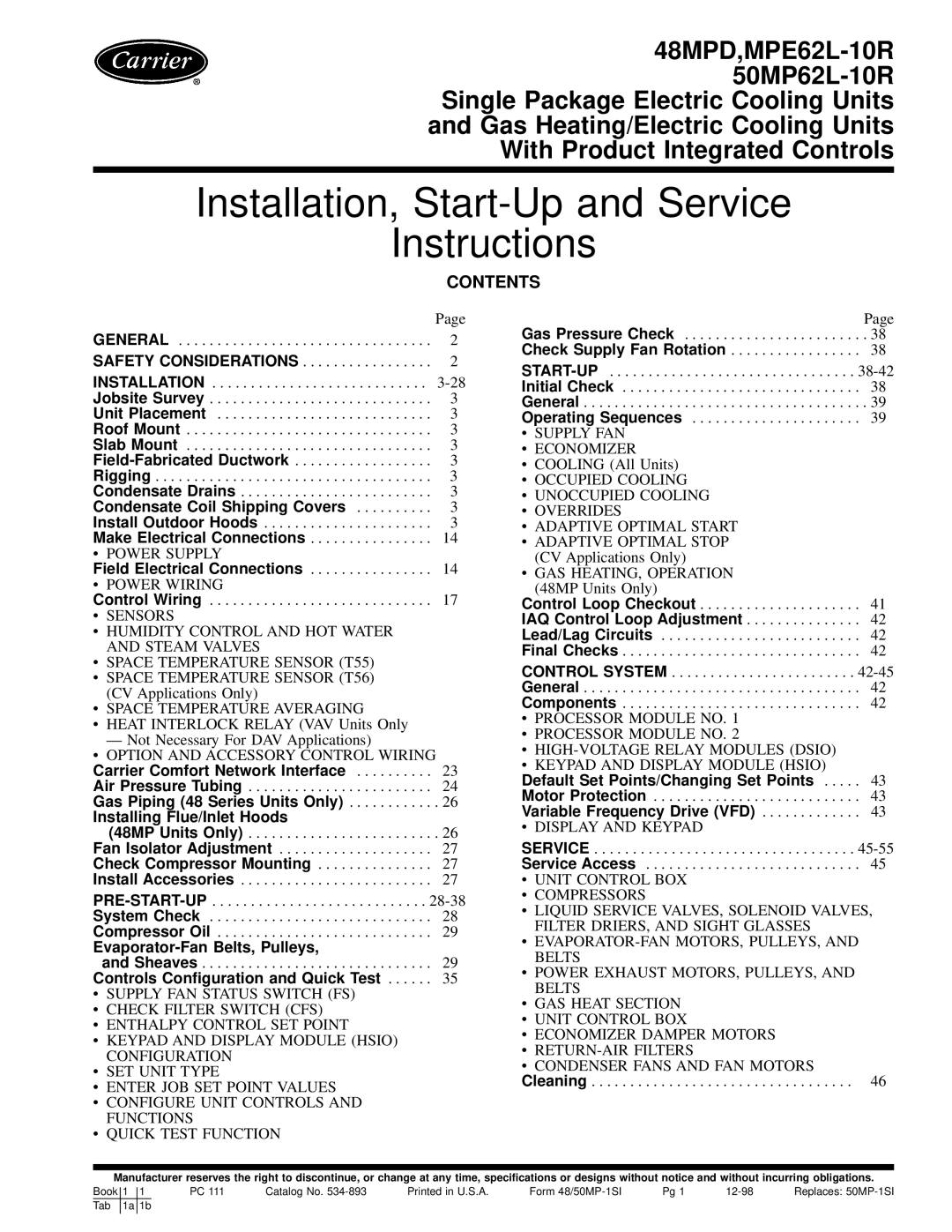 Carrier 50MP62L-10R, MPE62L-10R, 48MPD specifications Installation, Start-Up and Service Instructions, Contents 