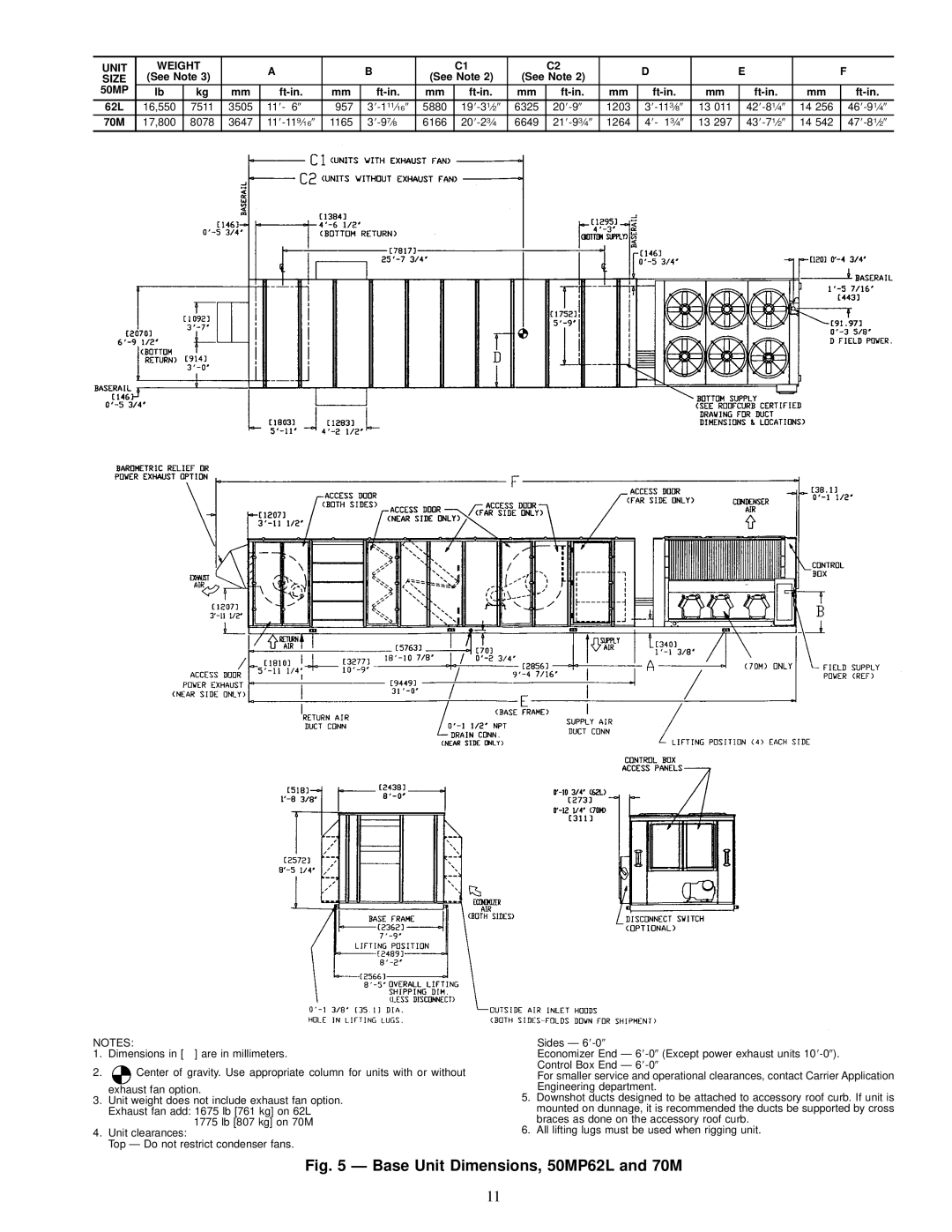 Carrier 48MPD, MPE62L-10R, 50MP62L-10R specifications Base Unit Dimensions, 50MP62L and 70M 