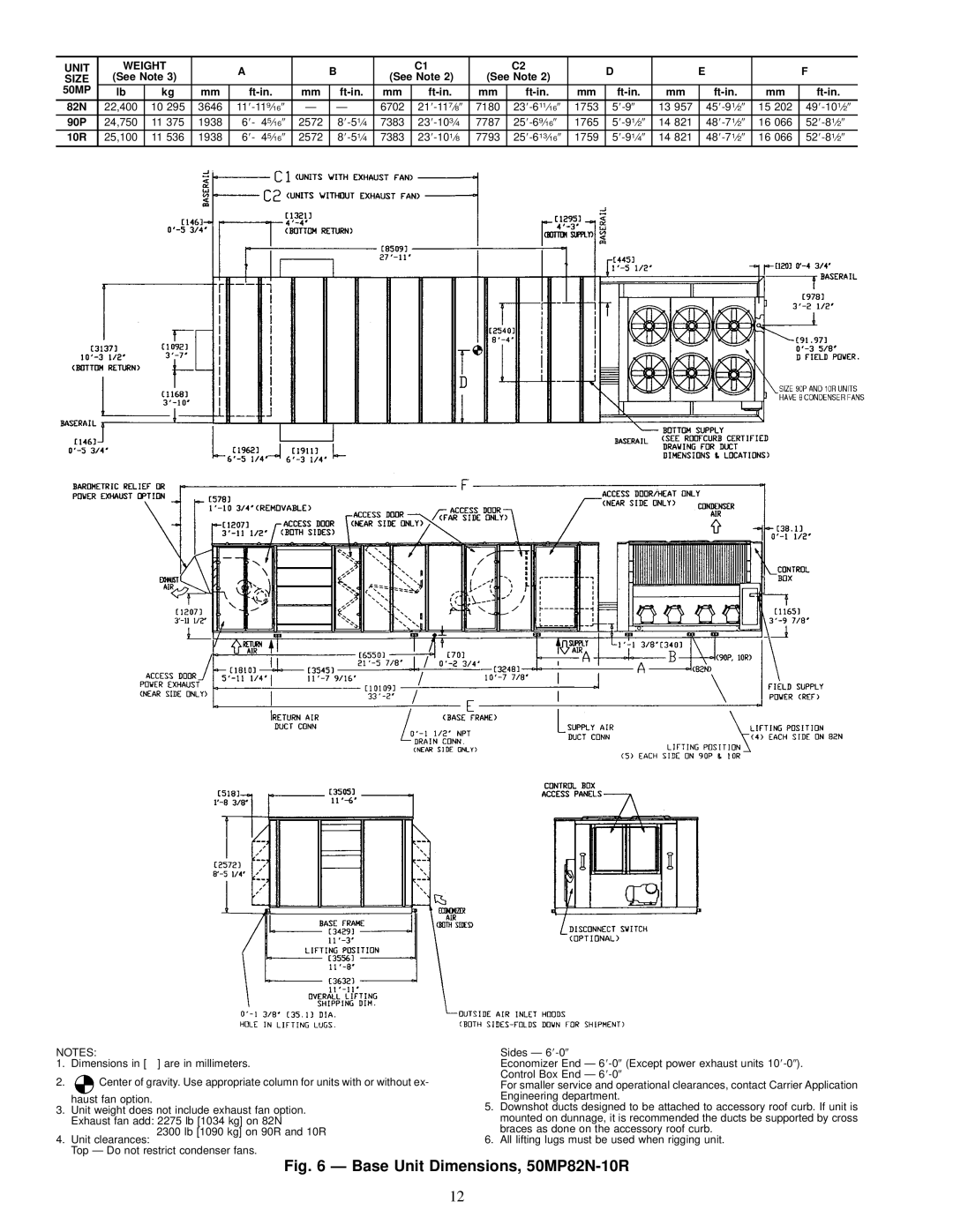 Carrier MPE62L-10R, 50MP62L-10R, 48MPD specifications Base Unit Dimensions, 50MP82N-10R 