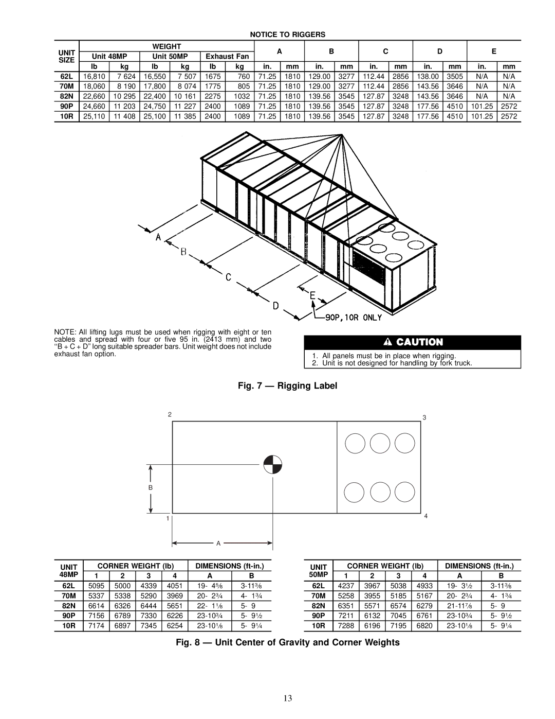 Carrier 50MP62L-10R, MPE62L-10R, 48MPD specifications Unit Weight, Size 