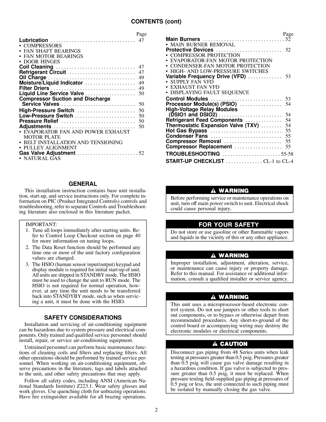 Carrier 48MPD, MPE62L-10R, 50MP62L-10R specifications Contents, General, Safety Considerations 