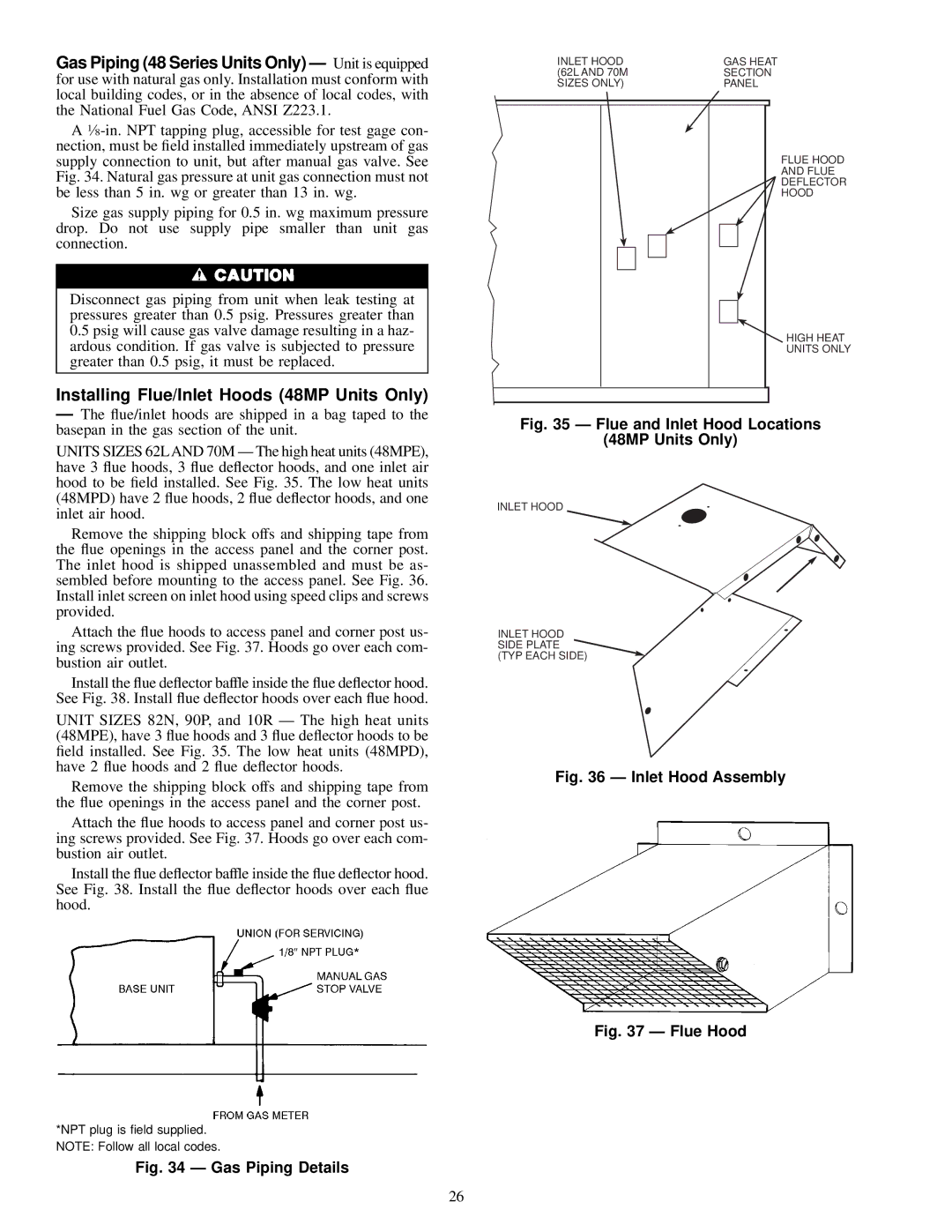 Carrier 48MPD, MPE62L-10R, 50MP62L-10R specifications Installing Flue/Inlet Hoods 48MP Units Only, Gas Piping Details 