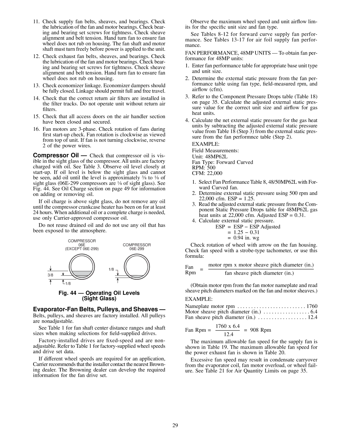 Carrier 48MPD, MPE62L-10R, 50MP62L-10R specifications Evaporator-Fan Belts, Pulleys, and Sheaves Ð, Example 