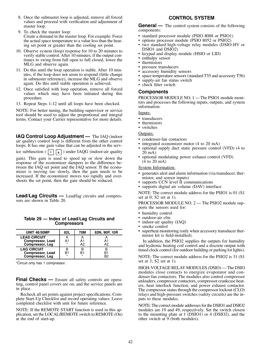 Carrier MPE62L-10R, 48MPD Control System, Components, Index of Lead/Lag Circuits Compressors, Lead Circuit, LAG Circuit 