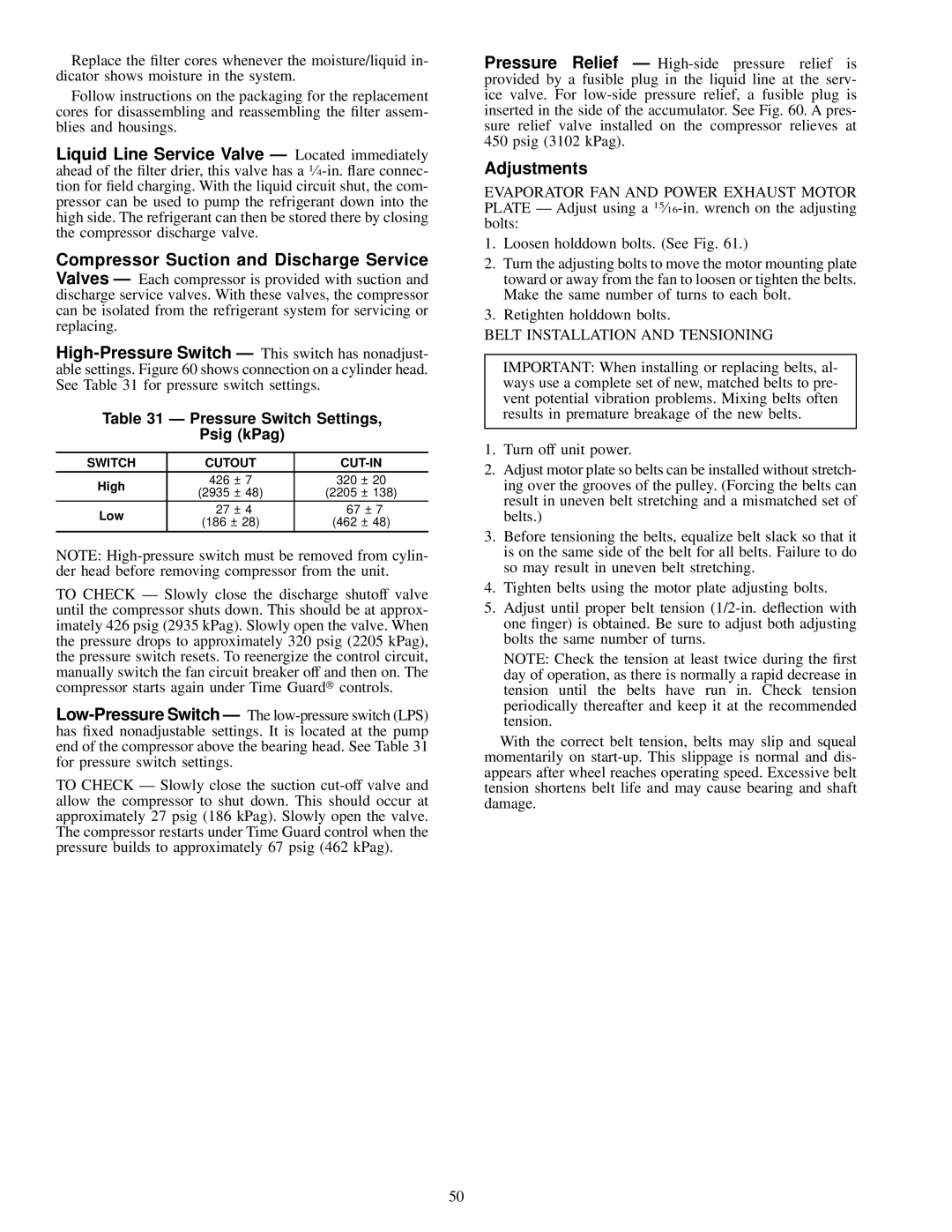 Carrier 48MPD Adjustments, Pressure Switch Settings Psig kPag, Belt Installation and Tensioning, Switch Cutout CUT-IN 
