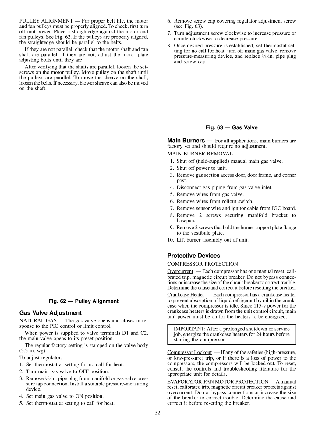 Carrier 50MP62L-10R, MPE62L-10R, 48MPD Gas Valve Adjustment, Protective Devices, Main Burner Removal, Compressor Protection 