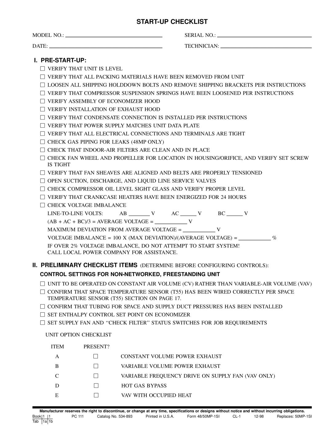 Carrier 50MP62L-10R, MPE62L-10R, 48MPD specifications START-UP Checklist, Model no Serial no Date Technician 