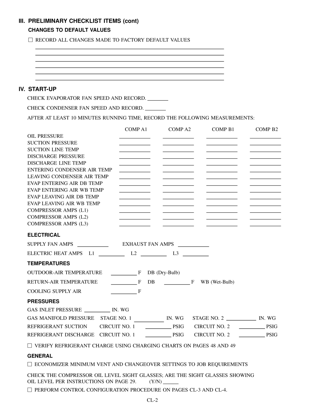 Carrier 48MPD, MPE62L-10R, 50MP62L-10R specifications III. Preliminary Checklist Items, Iv. Start-Up 