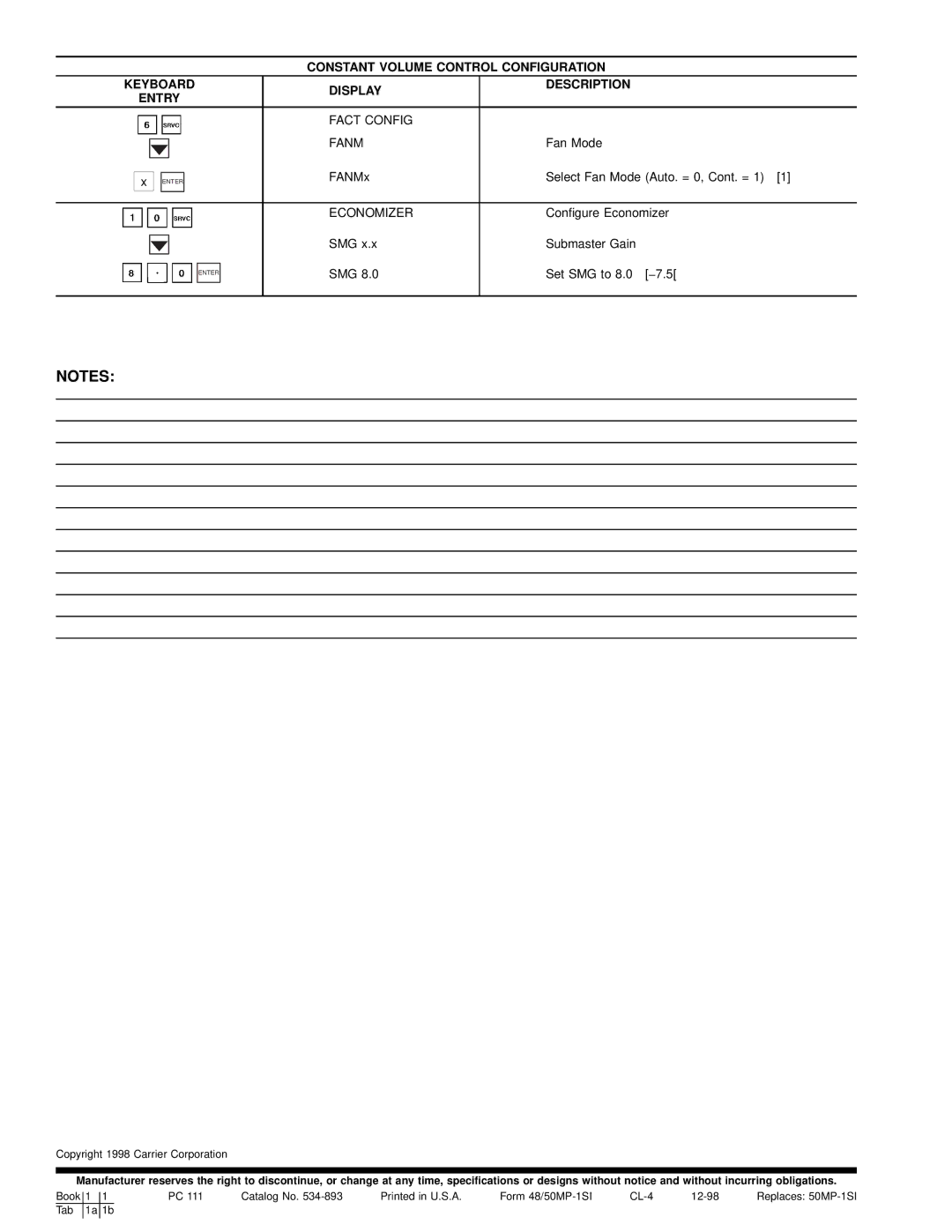 Carrier 50MP62L-10R, MPE62L-10R, 48MPD specifications Fact Config Fanm 