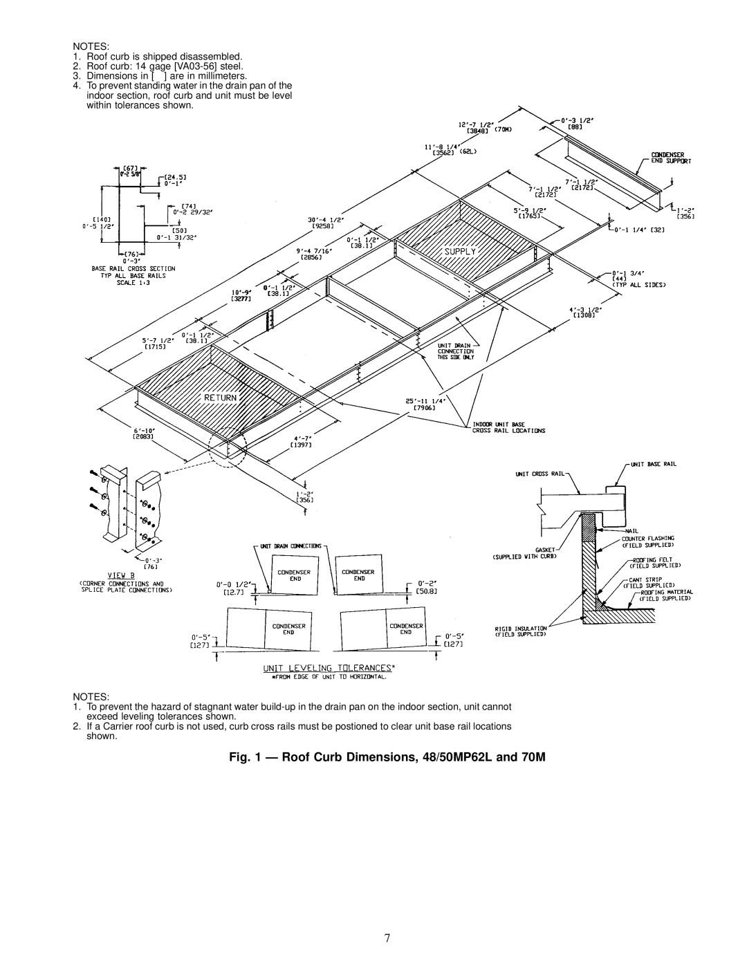 Carrier 50MP62L-10R, MPE62L-10R, 48MPD specifications Roof Curb Dimensions, 48/50MP62L and 70M 