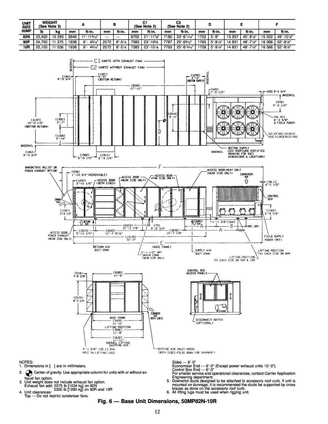 Carrier MPE62L-10R, 50MP62L-10R, 48MPD specifications Ð Base Unit Dimensions, 50MP82N-10R 