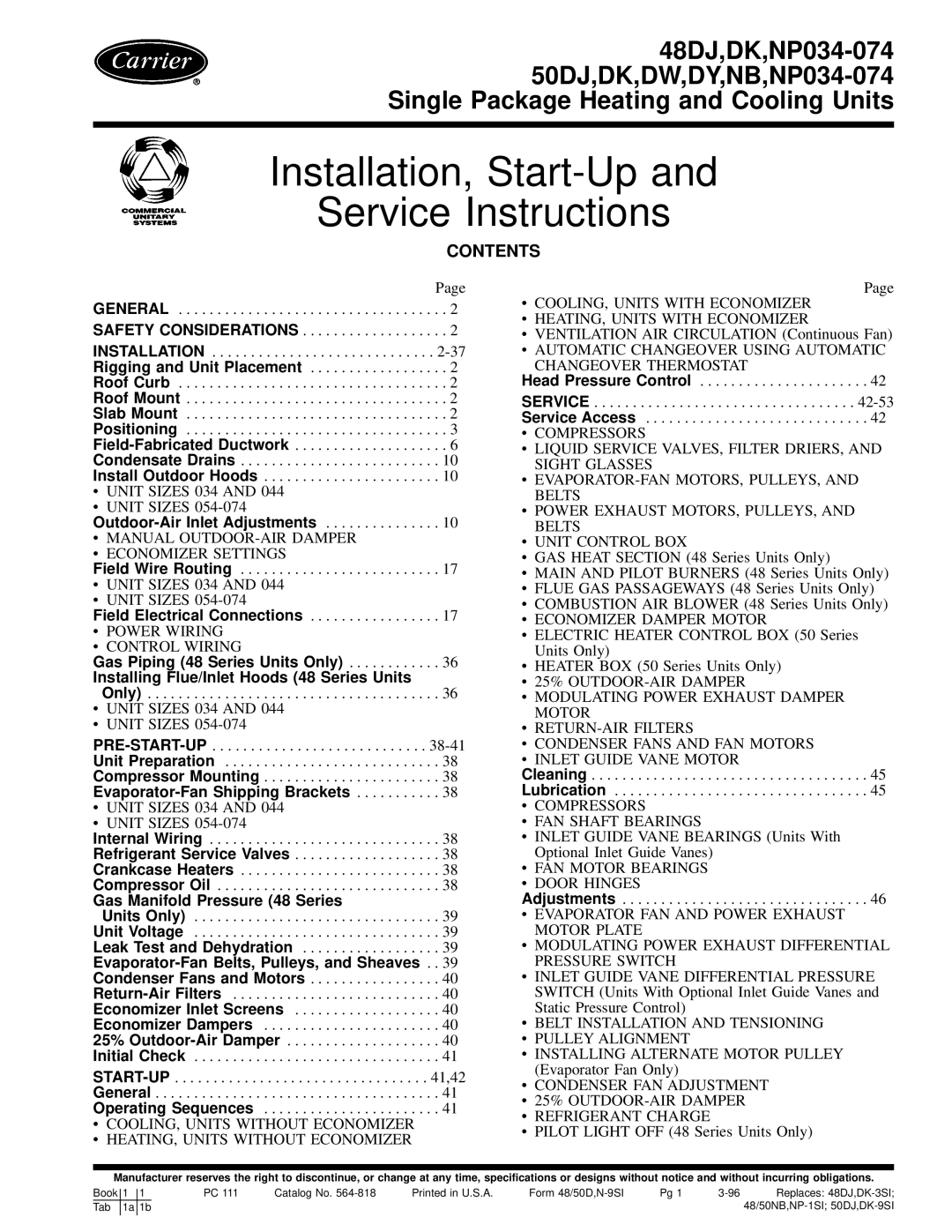 Carrier NP034-074 specifications Installation, Start-Up Service Instructions 