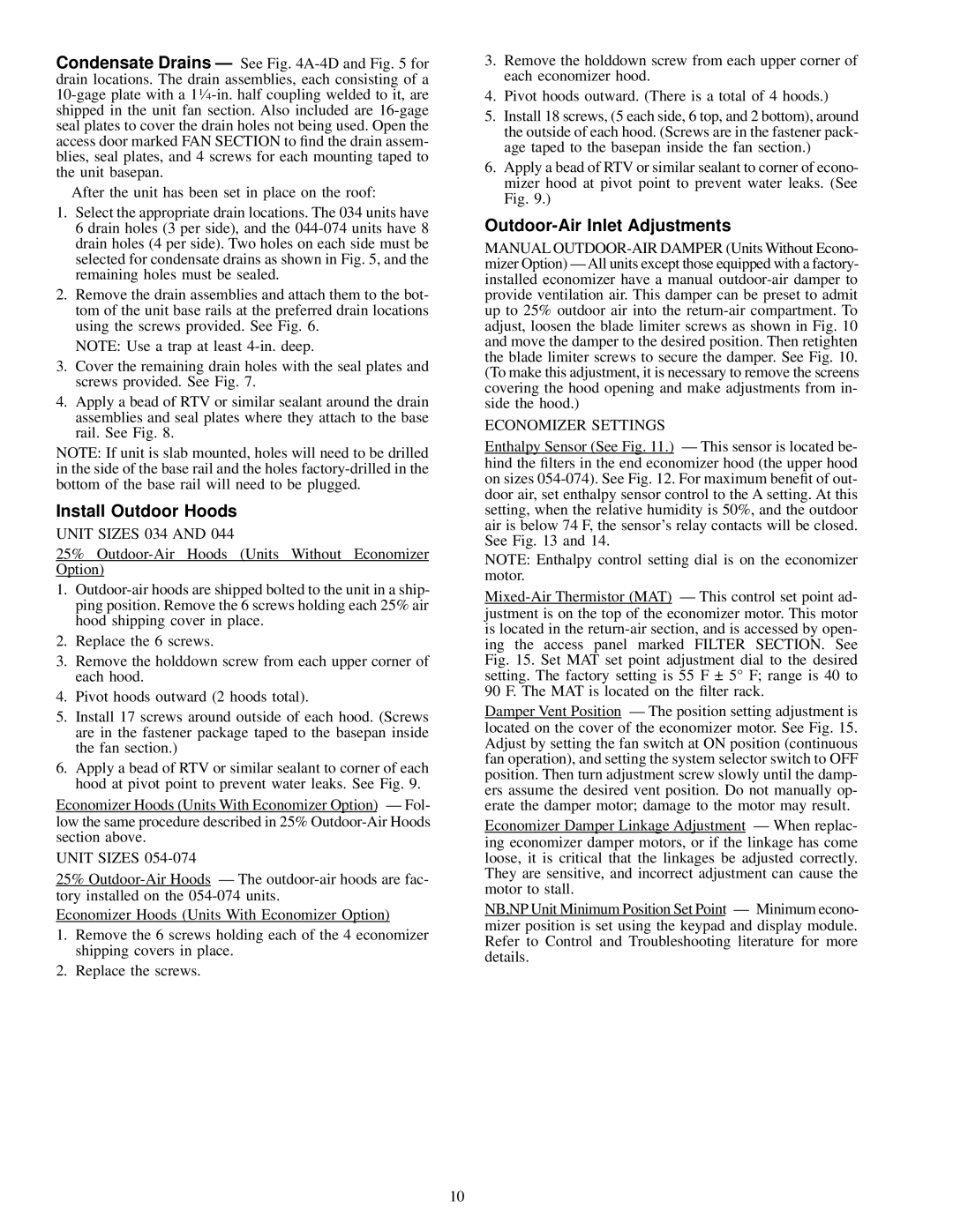 Carrier NP034-074 specifications Install Outdoor Hoods, Outdoor-Air Inlet Adjustments, Unit Sizes 034, Economizer Settings 