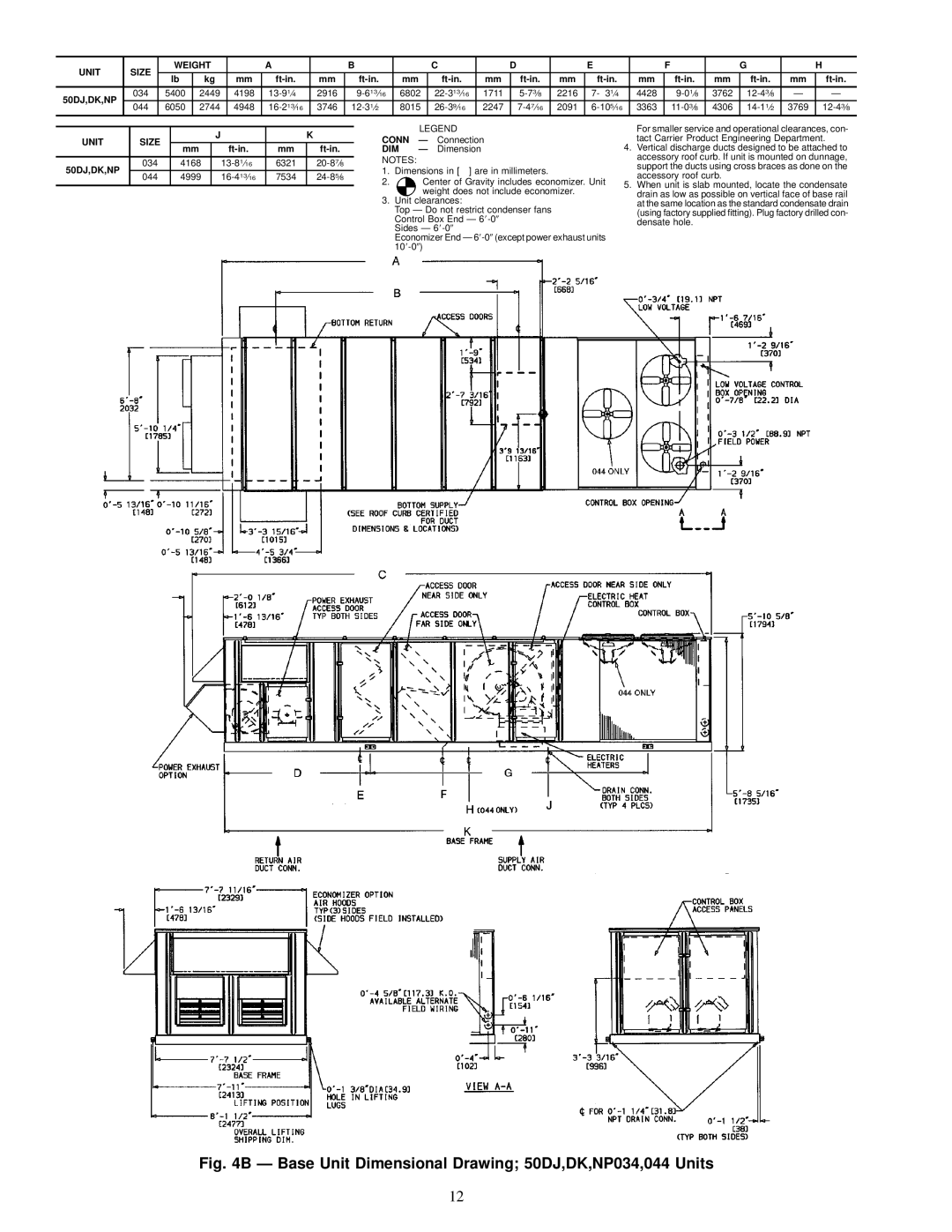 Carrier NP034-074 specifications Ð Base Unit Dimensional Drawing 50DJ,DK,NP034,044 Units 