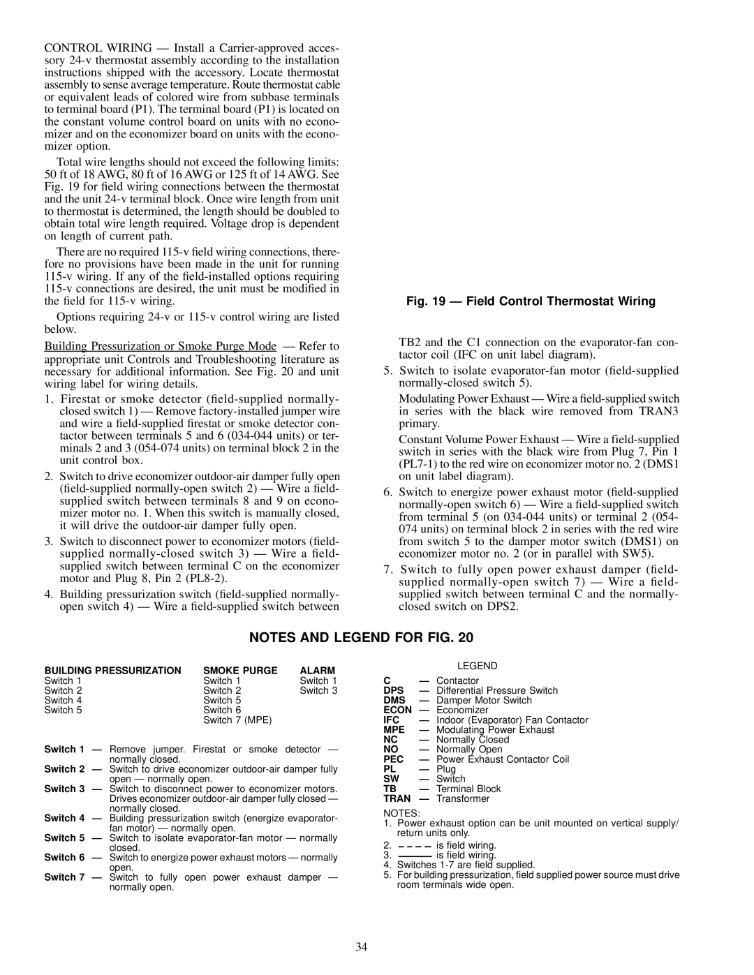 Carrier NP034-074 specifications Field Control Thermostat Wiring 