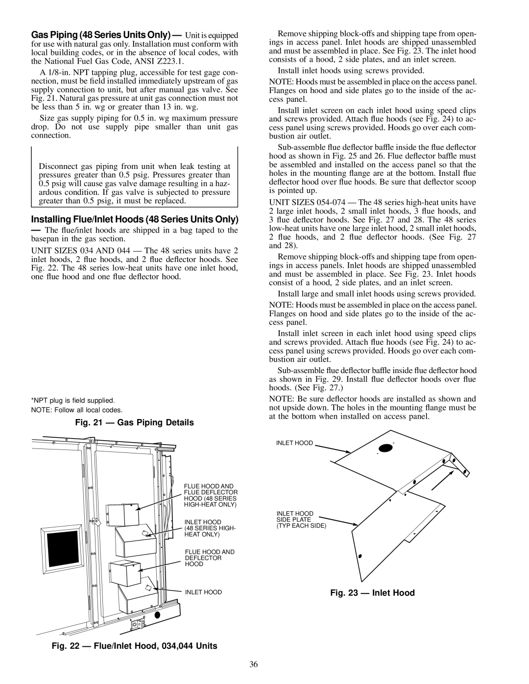 Carrier NP034-074 specifications Installing Flue/Inlet Hoods 48 Series Units Only, Gas Piping Details 