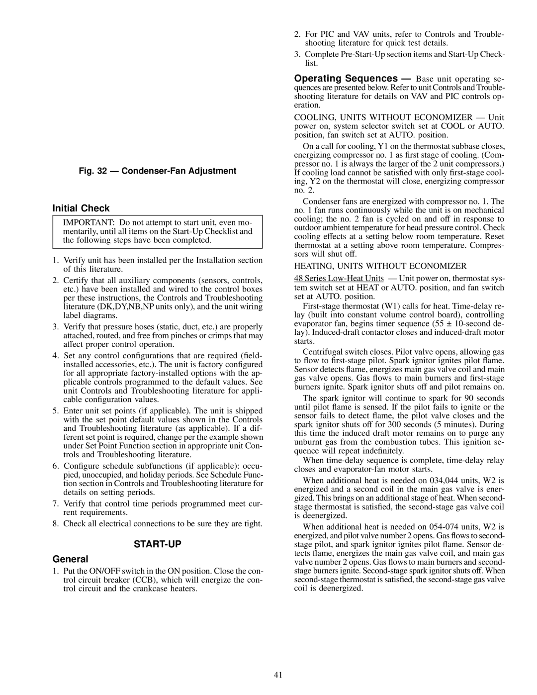 Carrier NP034-074 specifications Initial Check, General, HEATING, Units Without Economizer 