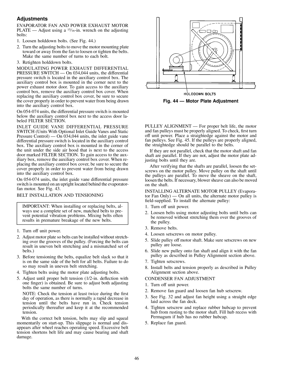 Carrier NP034-074 specifications Adjustments, Belt Installation and Tensioning, Condenser FAN Adjustment 