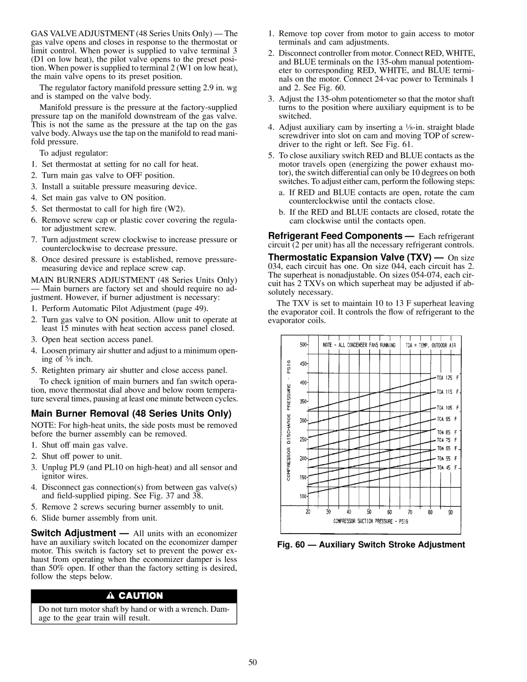 Carrier NP034-074 specifications Main Burner Removal 48 Series Units Only, Auxiliary Switch Stroke Adjustment 