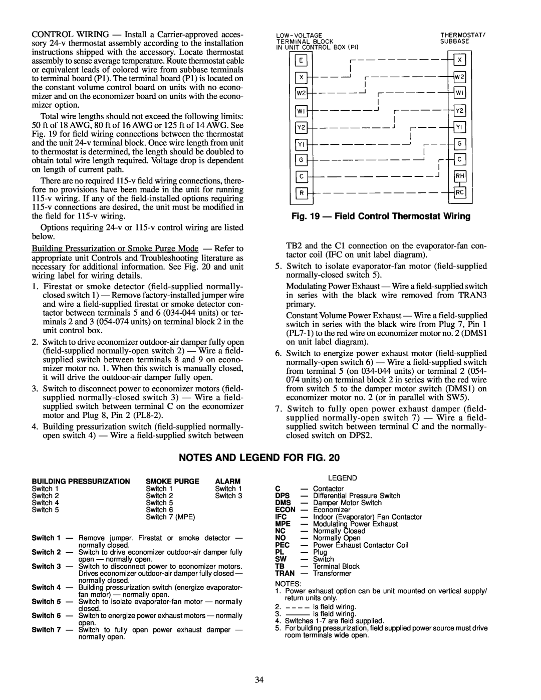 Carrier NP034-074 specifications Notes And Legend For Fig, Ð Field Control Thermostat Wiring 