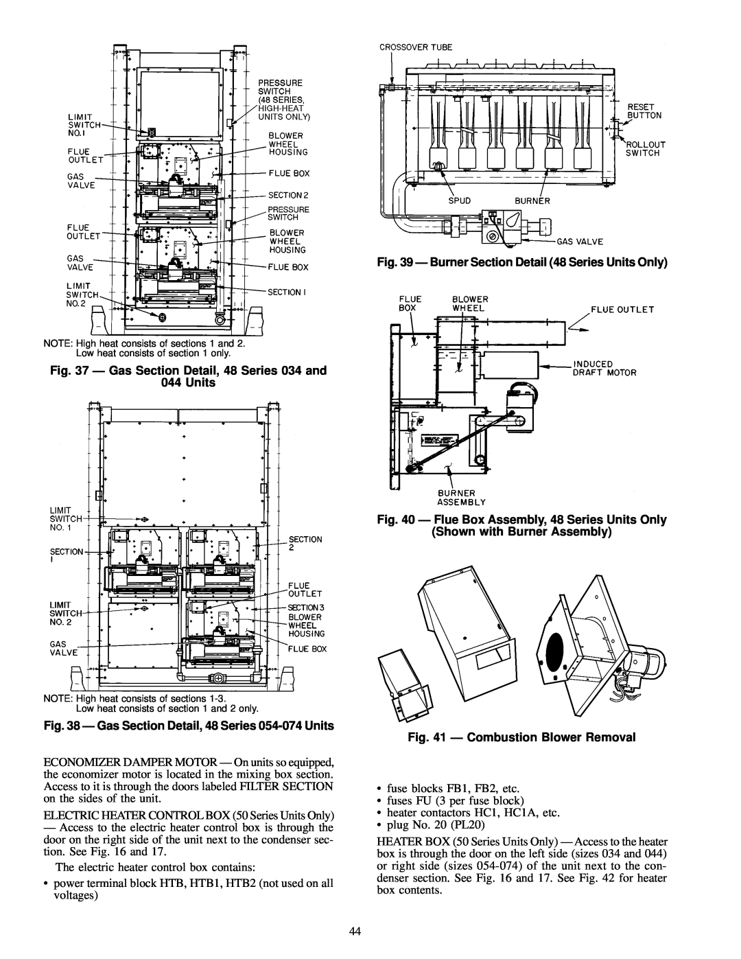 Carrier NP034-074 specifications Ð Gas Section Detail, 48 Series 034 and, Ð Flue Box Assembly, 48 Series Units Only 