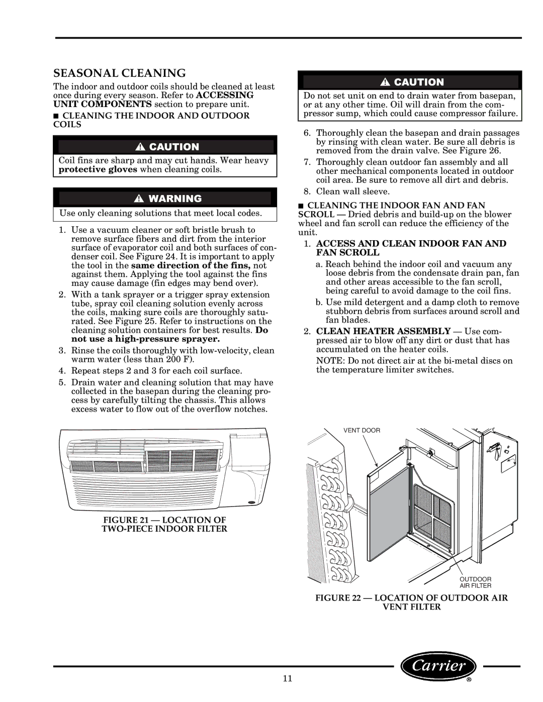 Carrier 52C, P manual Seasonal Cleaning, Cleaning the Indoor and Outdoor Coils, Access and Clean Indoor FAN and FAN Scroll 