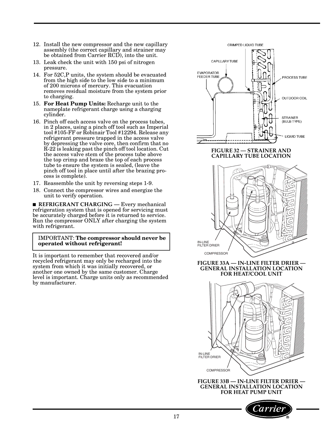 Carrier 52C, P manual Strainer Capillary Tube Location 