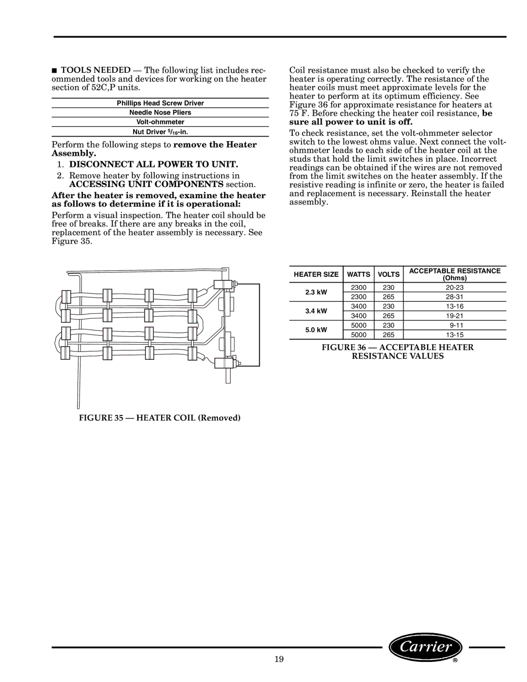 Carrier 52C manual Disconnect ALL Power to Unit, Acceptable Heater Resistance Values 