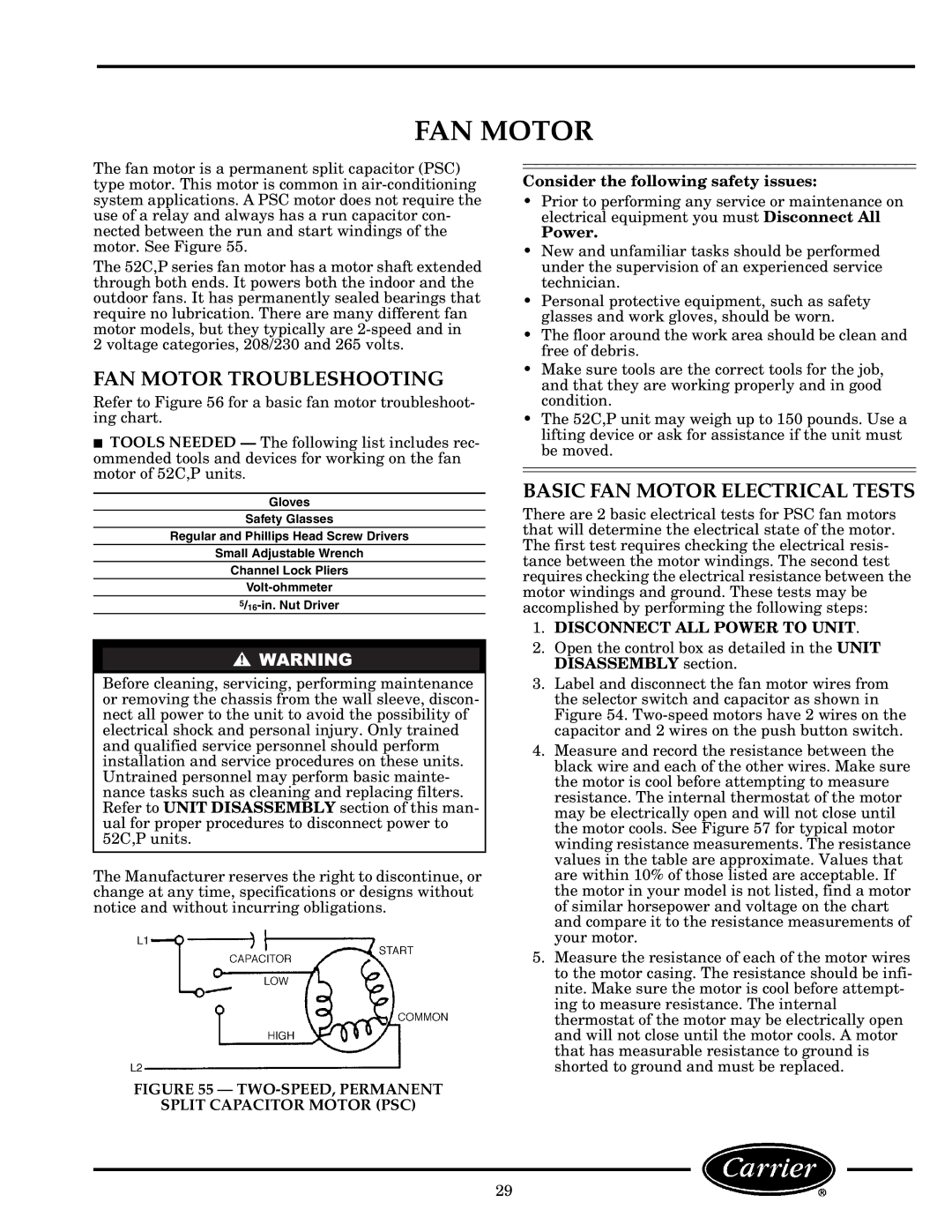 Carrier 52C, P manual FAN Motor Troubleshooting, Basic FAN Motor Electrical Tests 