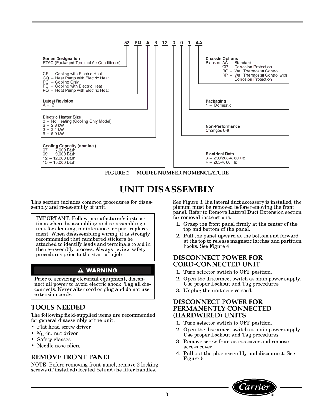 Carrier 52C manual Unit Disassembly, Tools Needed, Remove Front Panel, Disconnect Power for CORD-CONNECTED Unit 