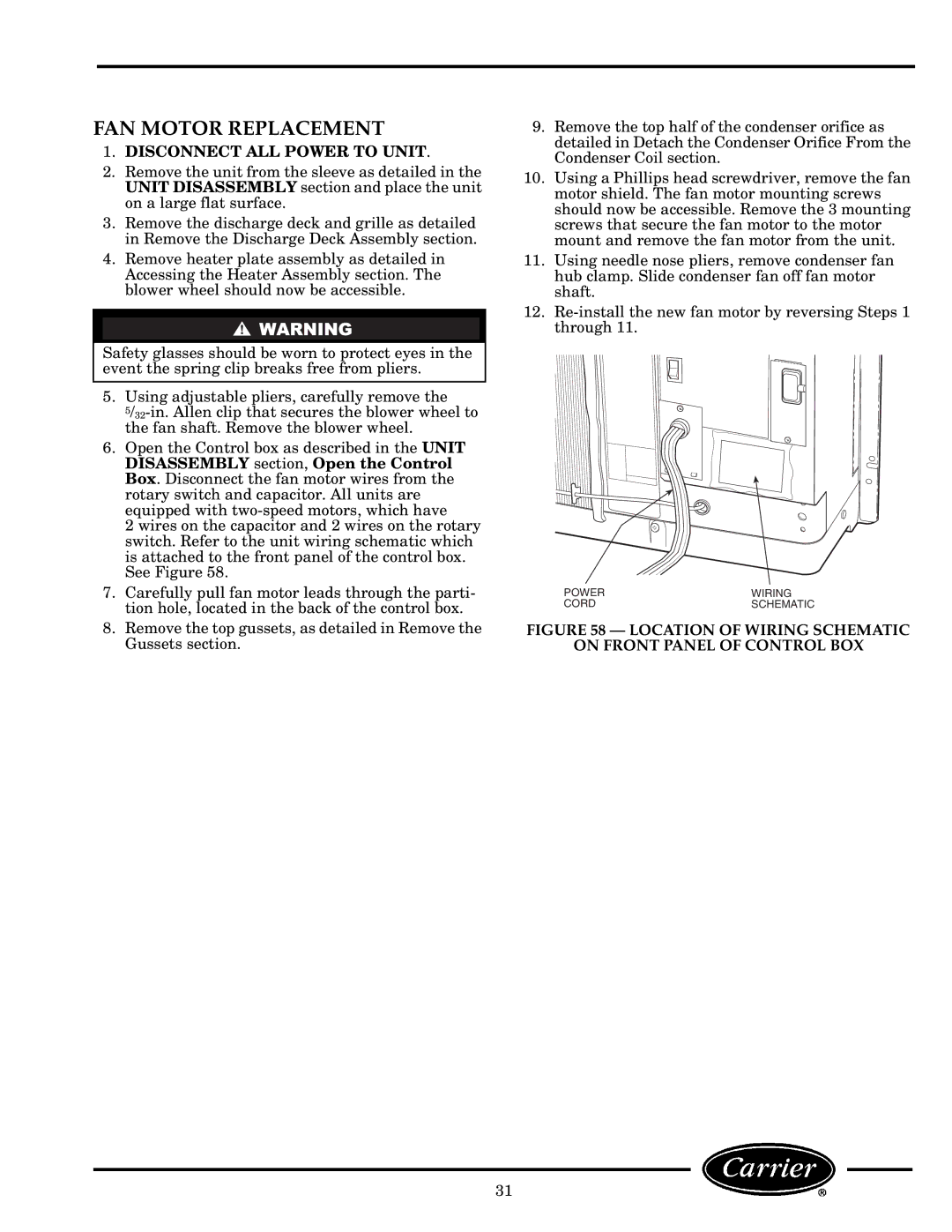 Carrier 52C manual FAN Motor Replacement, Location of Wiring Schematic On Front Panel of Control BOX 