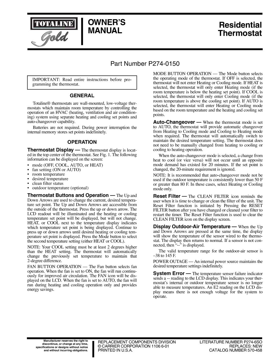 Carrier P274-0150 owner manual General, Operation 