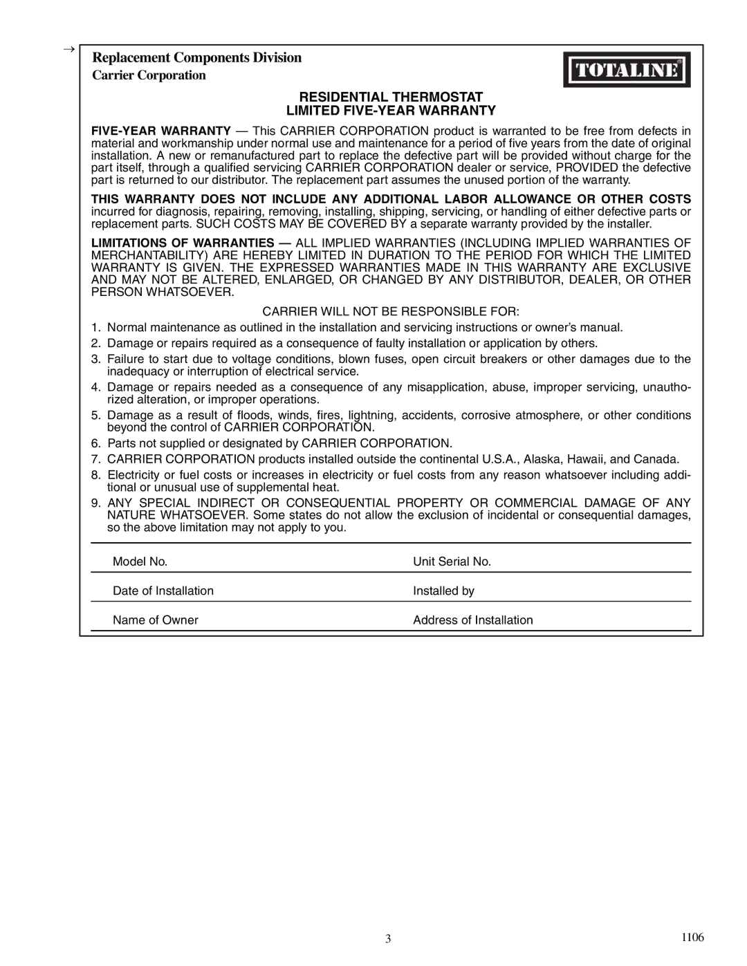 Carrier P274-0150 owner manual Replacement Components Division, Residential Thermostat Limited FIVE-YEAR Warranty 