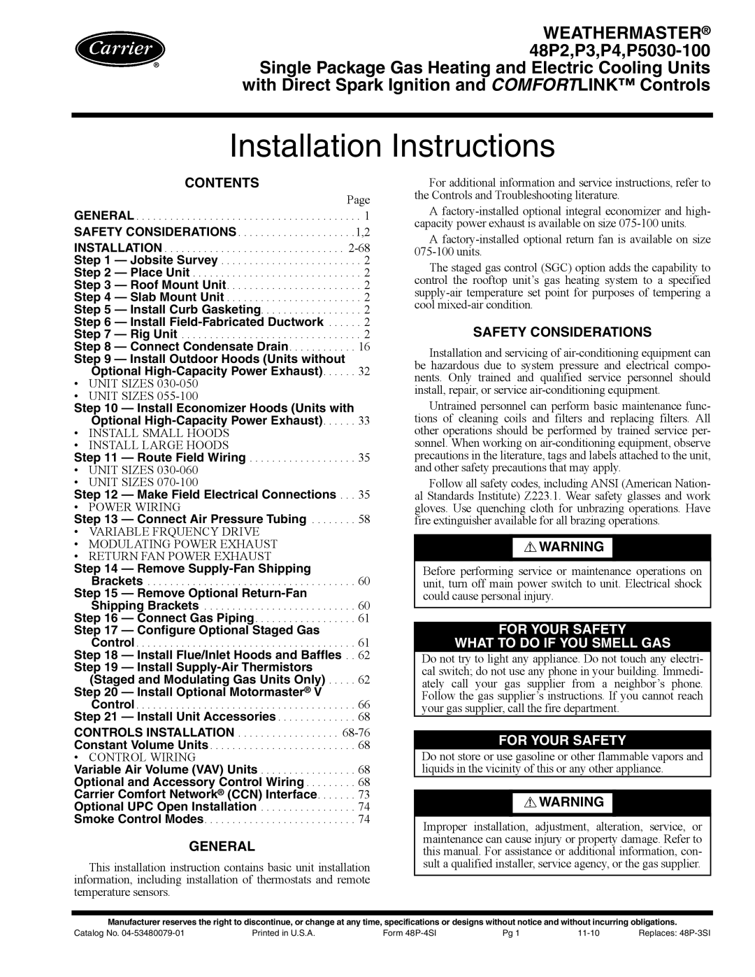 Carrier P3, P5030-100, 48P2, P4 installation instructions Installation Instructions 