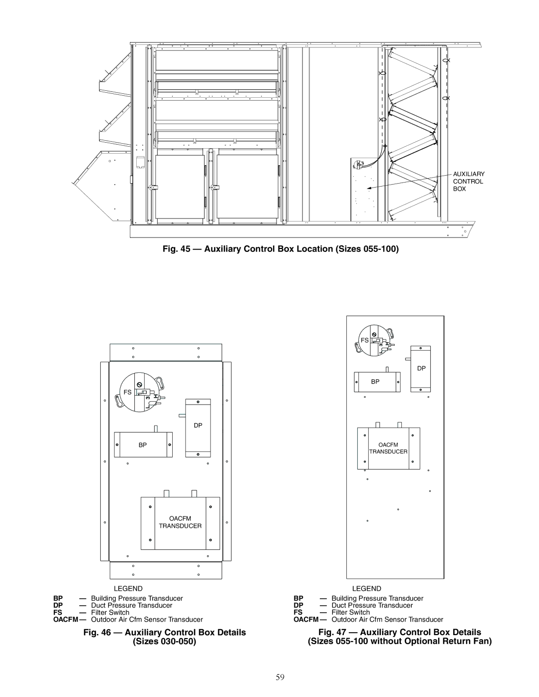 Carrier P4, P5030-100, P3, 48P2 Auxiliary Control Box Details, Sizes Sizes 055-100 without Optional Return Fan 