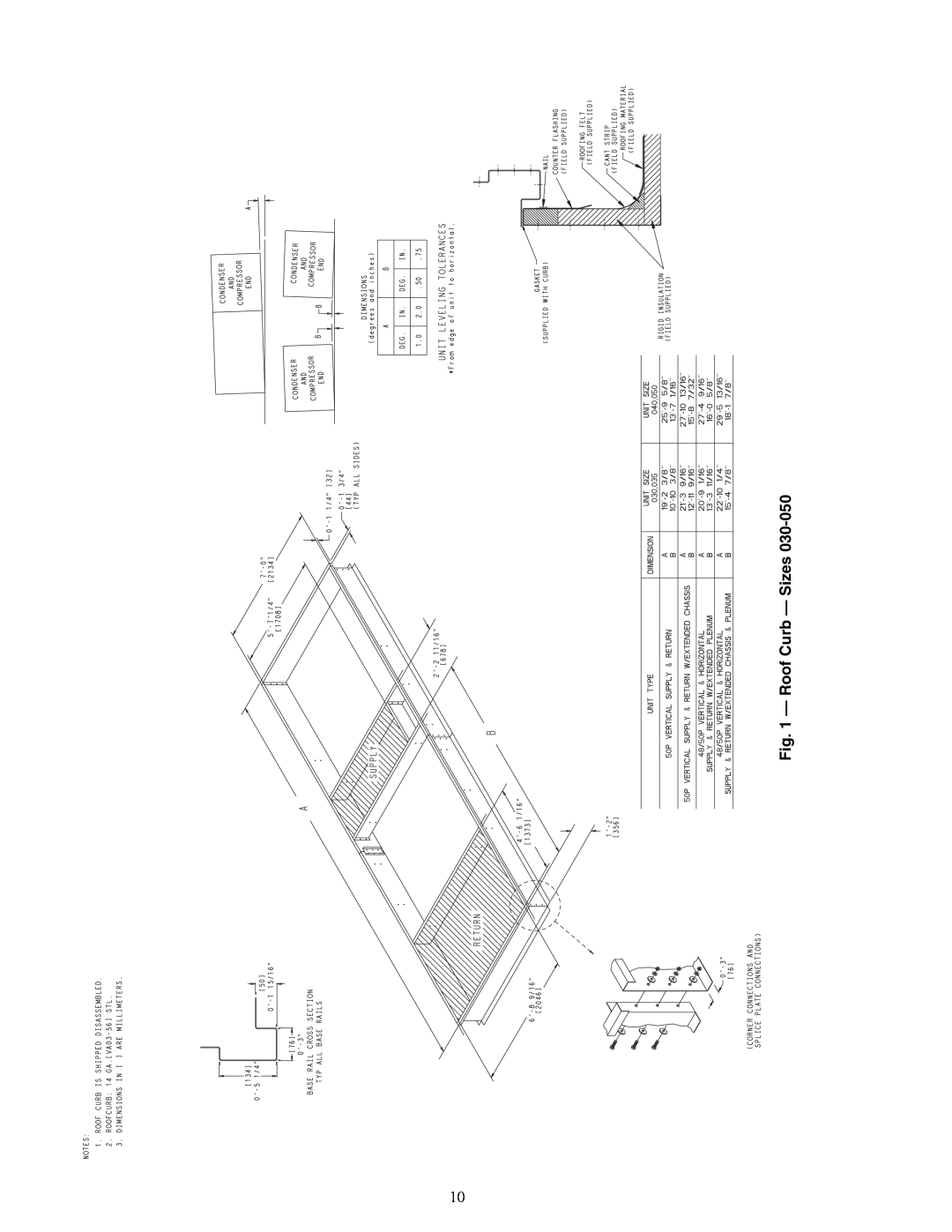 Carrier 48P2, P5030-100, P3, P4 installation instructions Roof Curb - Sizes 