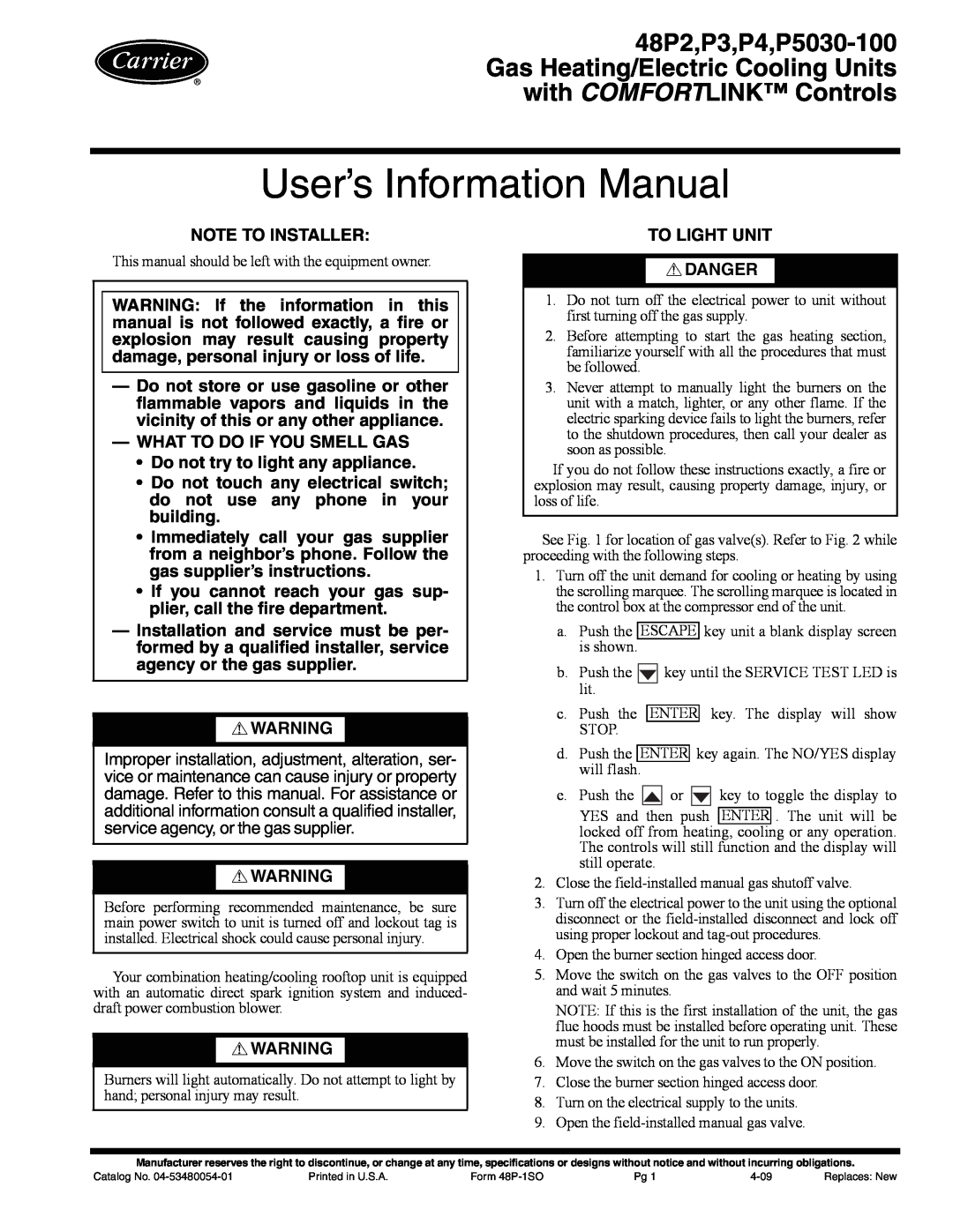 Carrier P3, P5030-100, 48P2 installation instructions Installation Instructions, Contents, General, Safety Considerations 