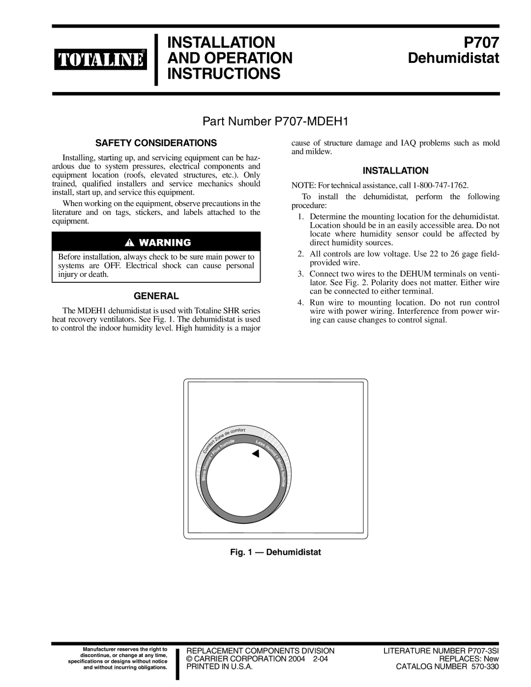 Carrier P707 specifications Safety Considerations, General, Installation 