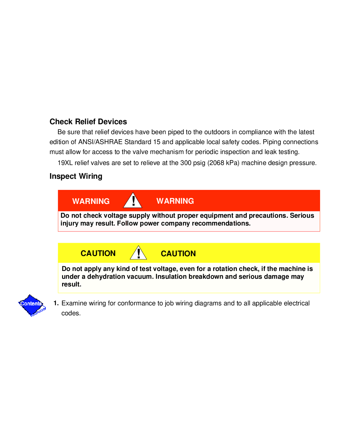 Carrier PC211 specifications Check Relief Devices, Inspect Wiring 