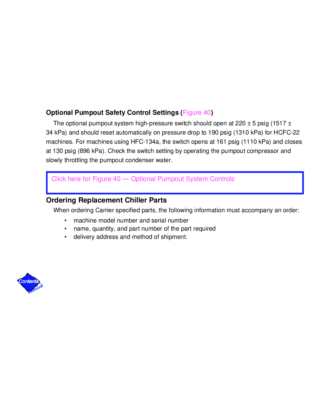 Carrier PC211 specifications Ordering Replacement Chiller Parts, Optional Pumpout Safety Control Settings Figure 