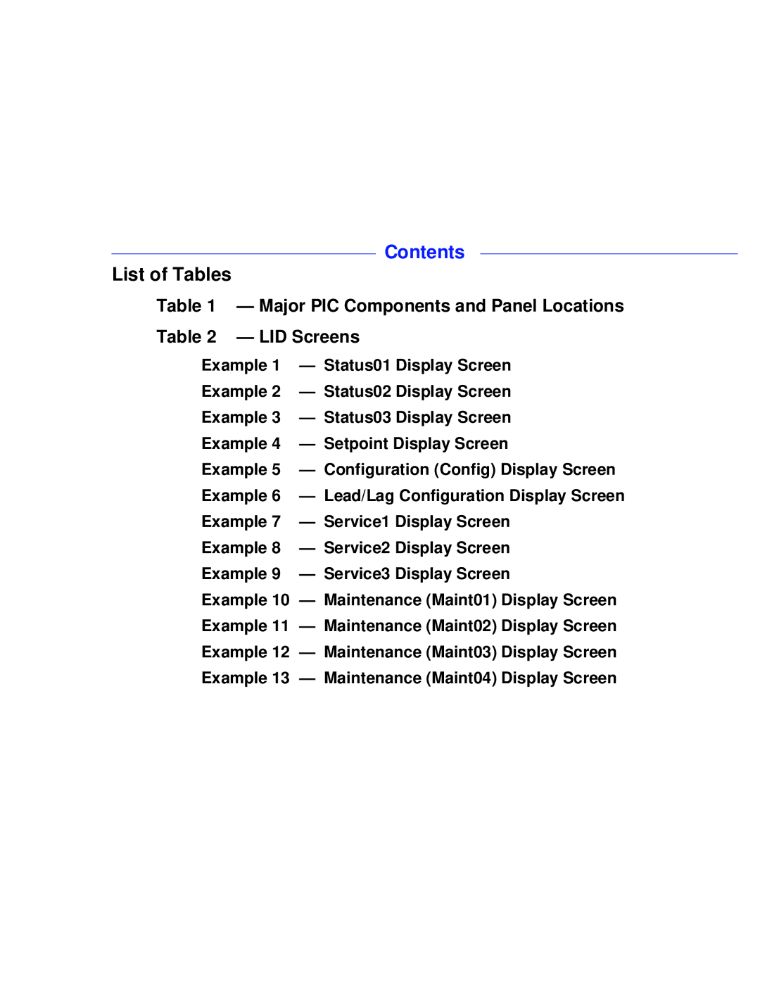 Carrier PC211 specifications List of Tables, Major PIC Components and Panel Locations LID Screens 