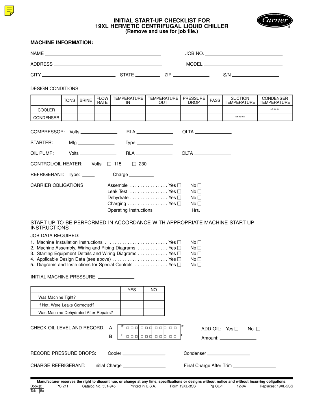 Carrier PC211 specifications Machine Information 