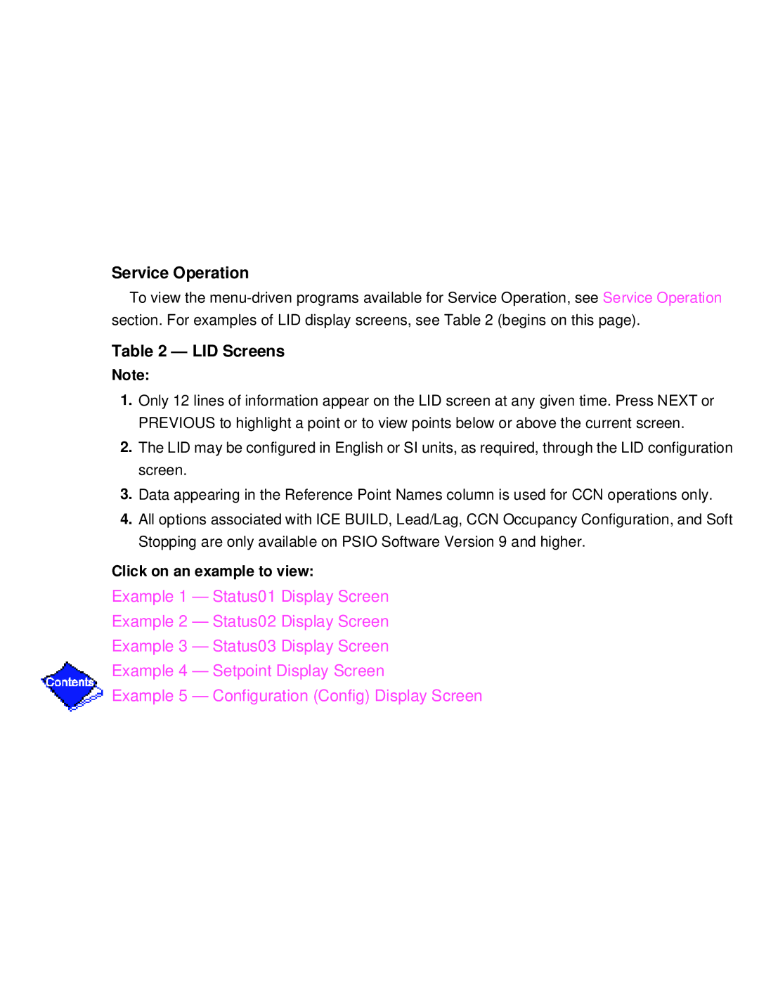 Carrier PC211 specifications Service Operation, LID Screens, Click on an example to view 