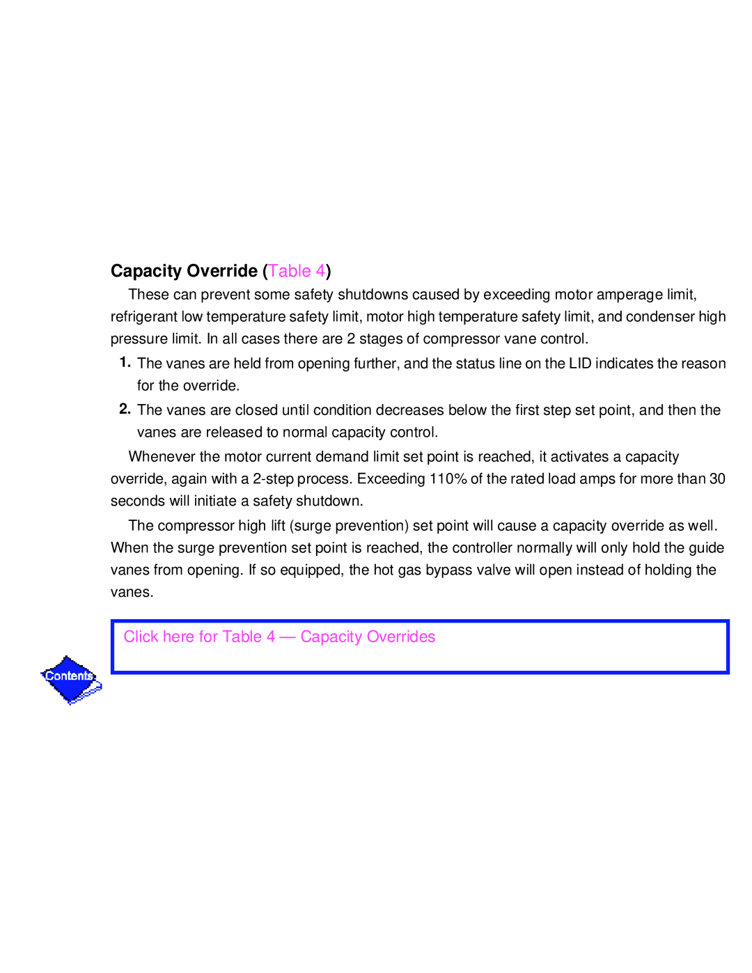 Carrier PC211 specifications Capacity Override Table 