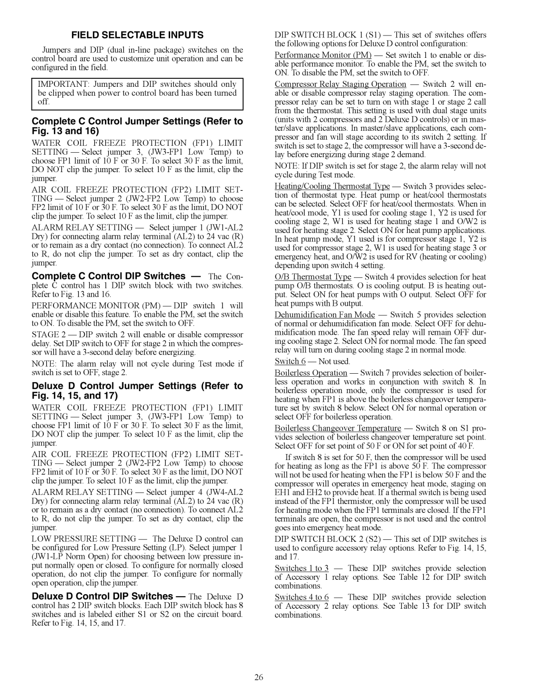 Carrier PCV015-060 specifications Field Selectable Inputs, Complete C Control Jumper Settings Refer to 